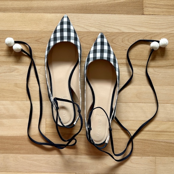 J. Crew Lily Ballet Flats Gingham Print Navy White with Ankle Wrap Size 9 - Picture 3 of 14